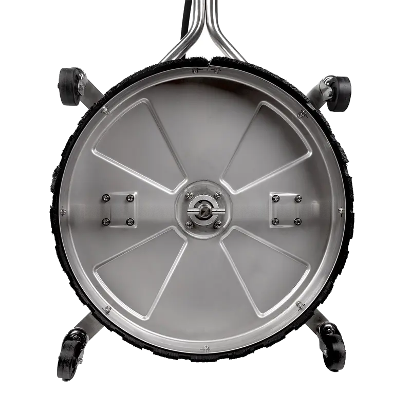 The underside of our rotary surface cleaner — the spray bar spins inside a steel housing